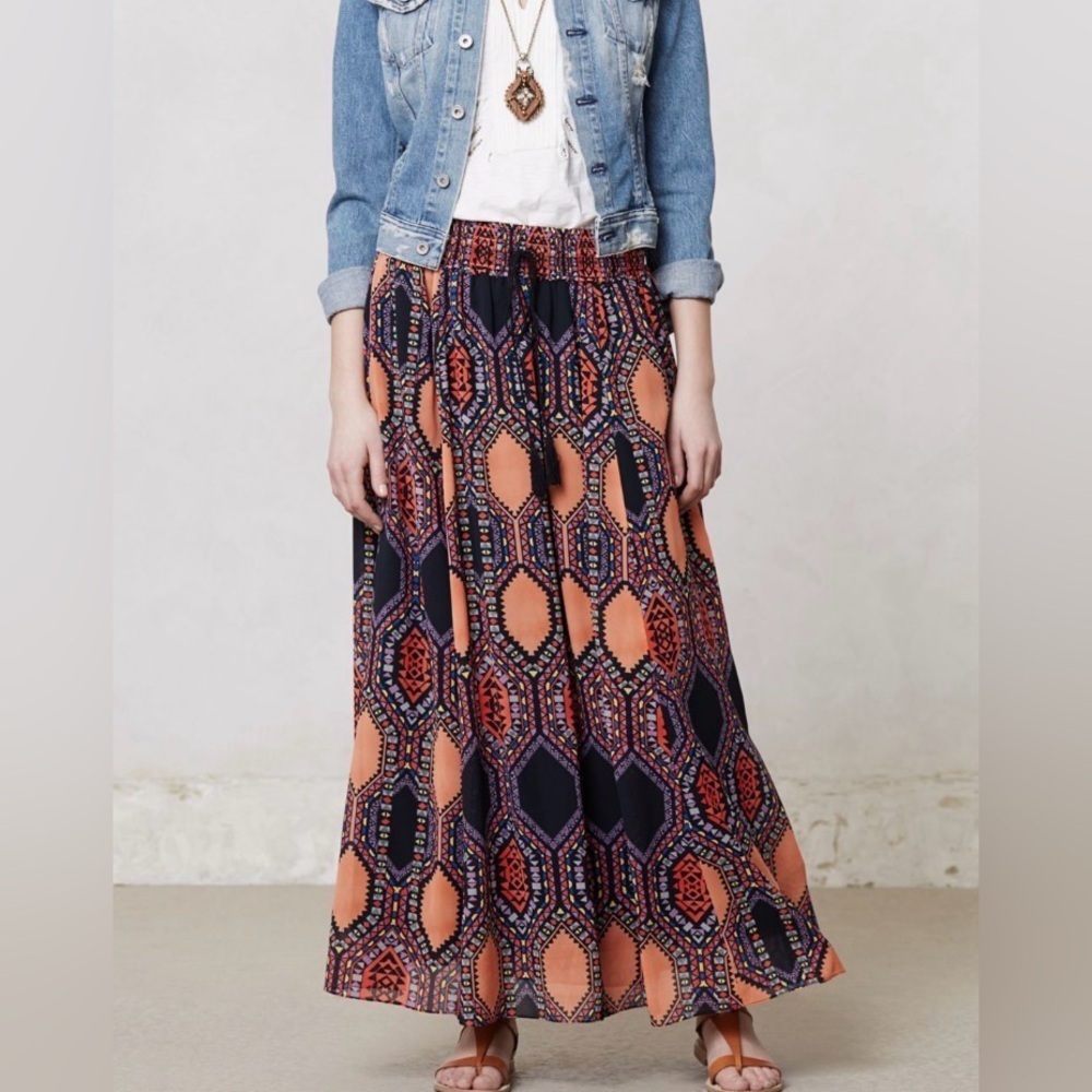 MAEVE ANTHROPOLOGIE HEX PRINT ORANGE BLACK PURPLE ELASTIC WAIST MAXI SKIRT SZ XS